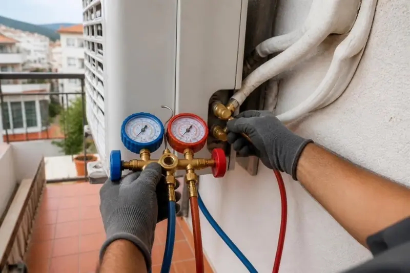 Carga de gas de aire acondicionado con los manómetros puestos en la unidad exterior de una terraza de Castellón