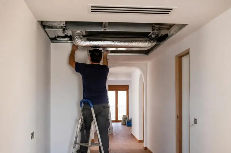 Técnico montando los conductos de un aire acondicionado en el falso techo de un pasillo en Castellón