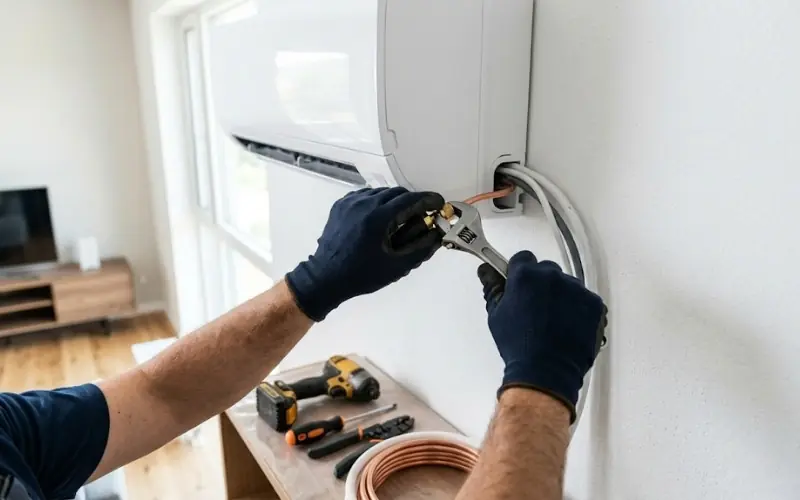 Técnico de aire acondicionado trabajando en una vivienda de Castellón