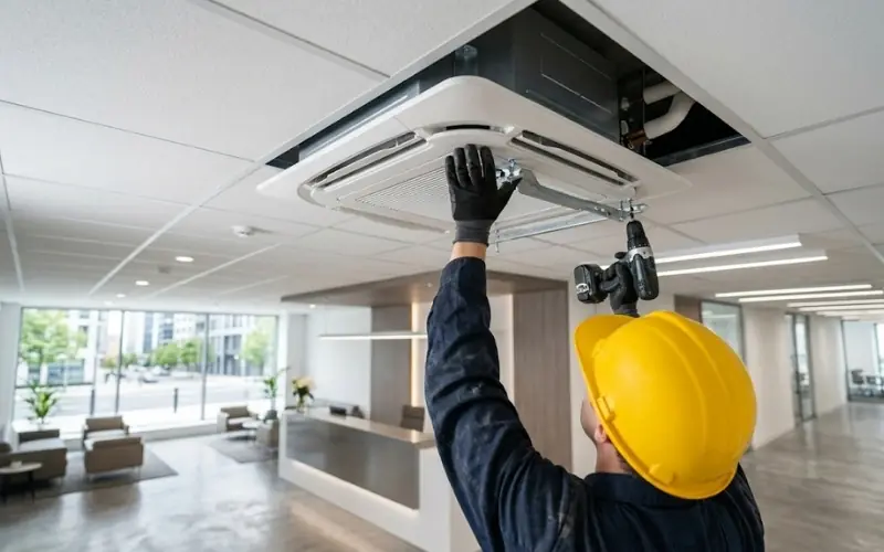 Técnico instalando un aire acondicionado split en una vivienda de Castellón