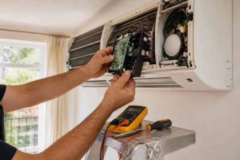 Técnico revisando la placa electrónica de un split abierto en una casa de Castellón